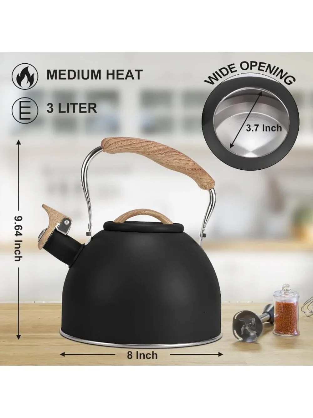 Black Kitchen Whistling Tea Kettle 100 OZ / 3 L Stainless Steel Stovetop Teapot
